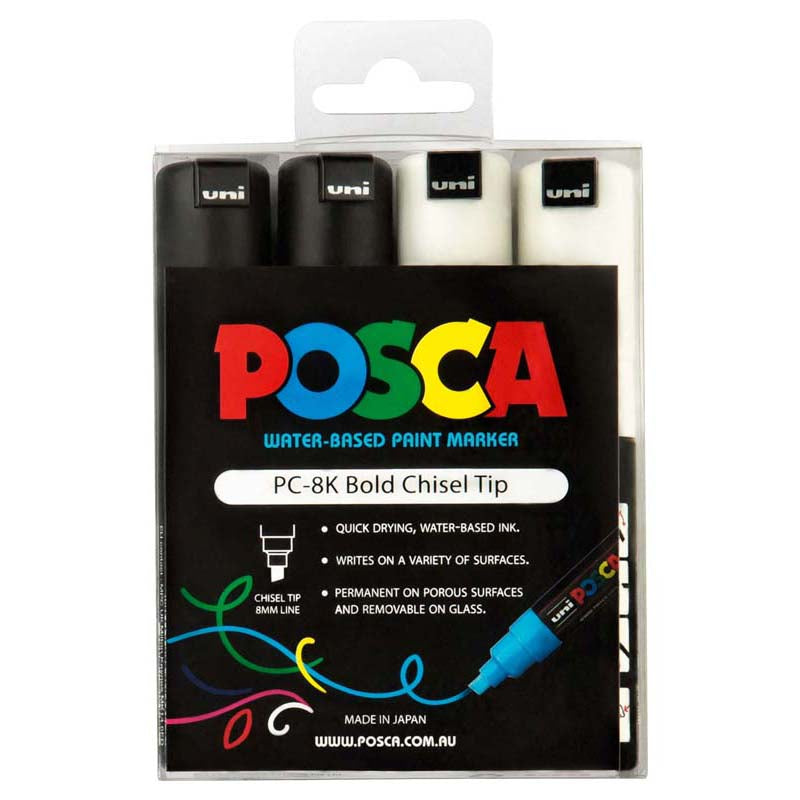 Uni Posca Markers 8.0mm Bold Chisel Set of 4 Black & White