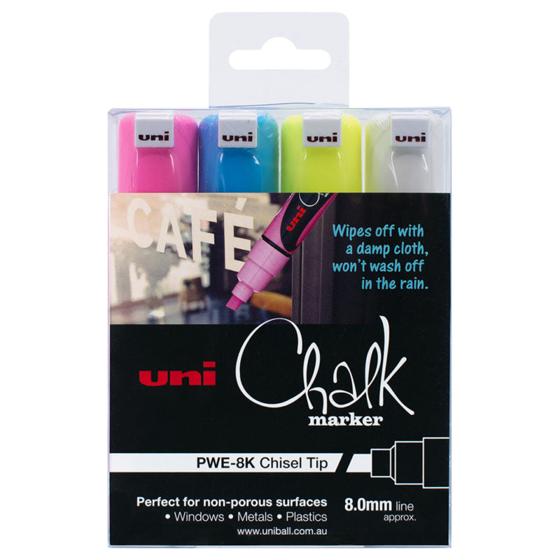 Uni Chalk Marker 8.0mm Chisel Tip 4 Pack