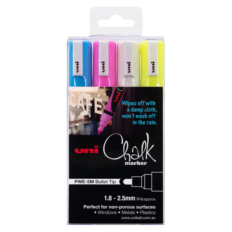 Uni Chalk Markers 1.8-2.5mm Bullet Tip Pack of 4