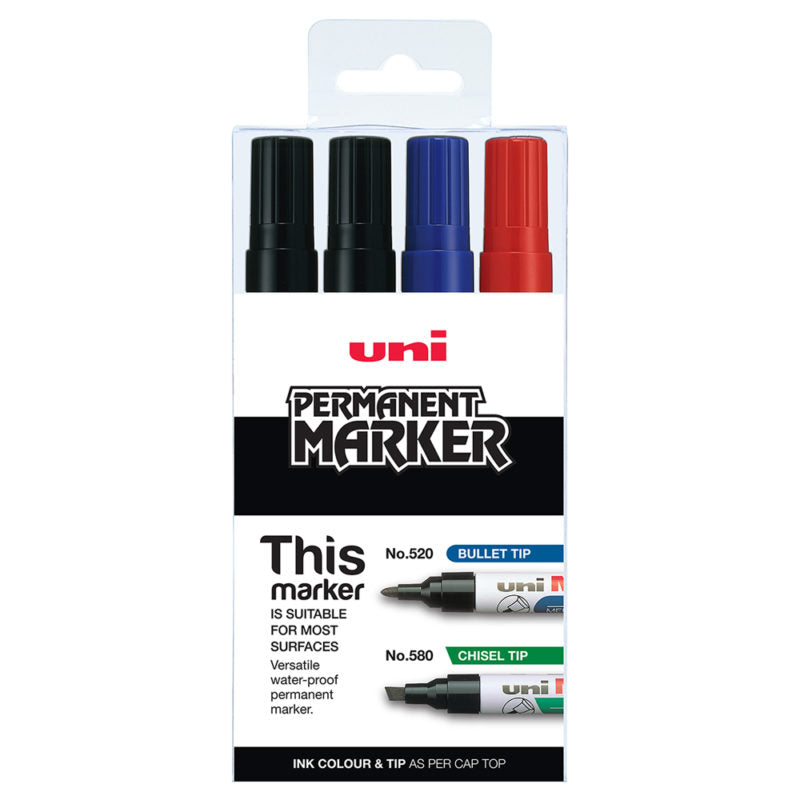 Uni Permanent Chisel Tip Marker 4 Piece Assorted 580