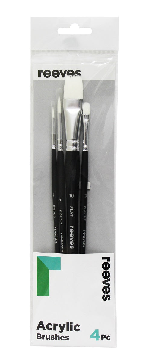 Reeves Acrylic Art Brush White Synthetic Long Handle Pack Of 4 (No. 2 6 Round; No. 6 Flat; No. 3 Filbert)