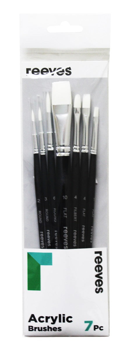 Reeves Acrylic Art Brush White Synthetic Short Handle Pack Of 7 (No. 2 3 6 Round; No. 1 4 10 Flat; No. 4 Filbert)