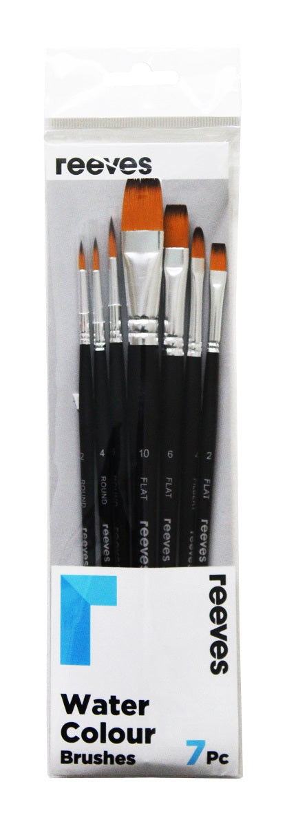 Reeves Watercolour Art Brush Golden Synthetic Short Handle Pack Of 7 (No. 2 4 6 Round; No. 2 6 10 Flat; No. 4 Filbert)