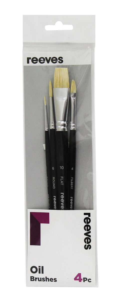 Reeves Oil Art Brush Hog Short Handle Pack Of 4 (No. 1 6 Round; No. 10 Flat; No. 4 Filbert)