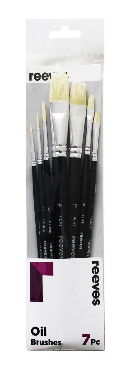 Reeves Oil Art Brush Hog Short Handle Pack Of 7 (No. 1 3 6 Round; No. 4 10 14 Flat; No. 3 Filbert)