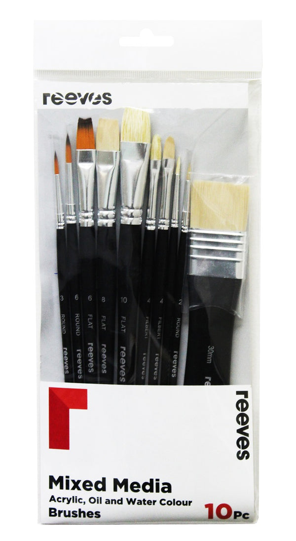 Reeves Mixed Media Art Brush Pack Of 10 (Gold Synthetic No. 3 6 Round And No. 6 Flat; Hog Bristle No. 2 Round X 2; No. 8 10 Flat; No. 4 Filbert X 2; 30mm Spalter)