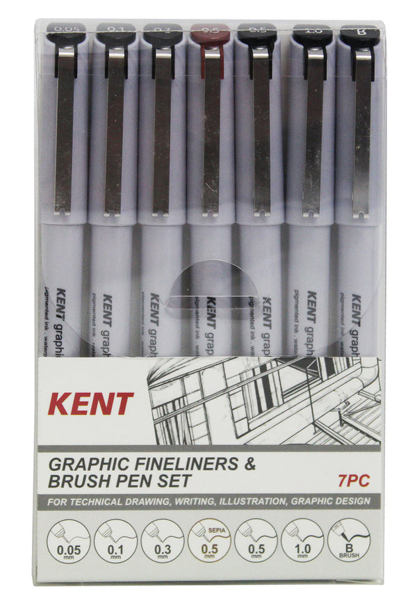 Kent Graphic Art Fineliner & Brush Pen Set Of 7  (0.05; 0.1; 0.3; 0.5; 0.5 (Sepia); 1.0mm & Brush Pen)