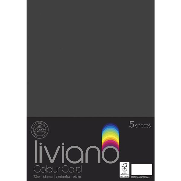 THE PAPER HOUSE LIVIANO COLOUR CARD 300GSM A3 PACK OF 5#Colour_BLACK