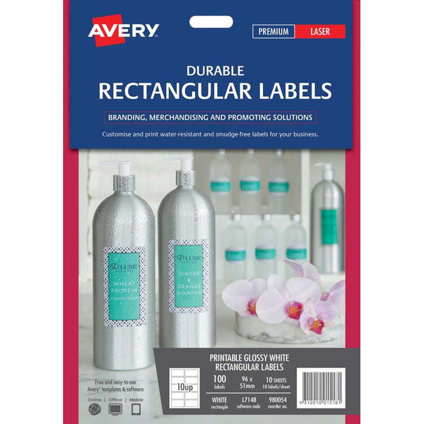 avery label permanent rectangular 10 sheets 10up l7148 96x51mm