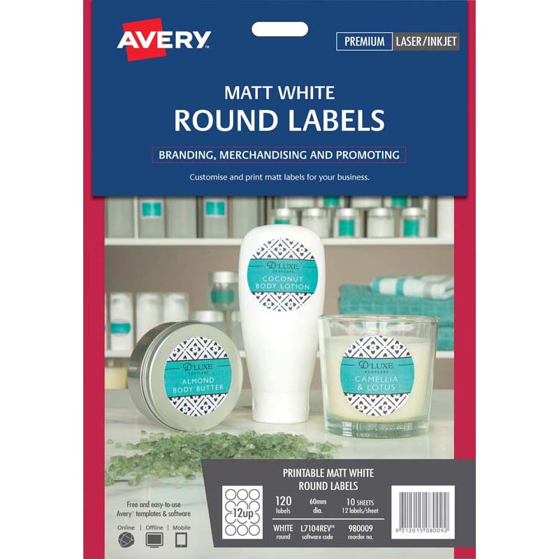 avery label l7104rev round white 60mm 12up 10 sheets