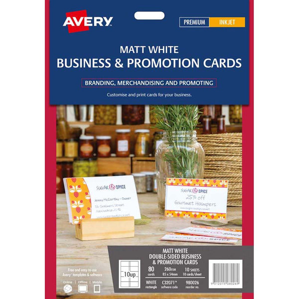 Avery Business And Promo Cards C32071 Matt White Double Sided 8 Up 10 Sheets Inkjet 85x54mm