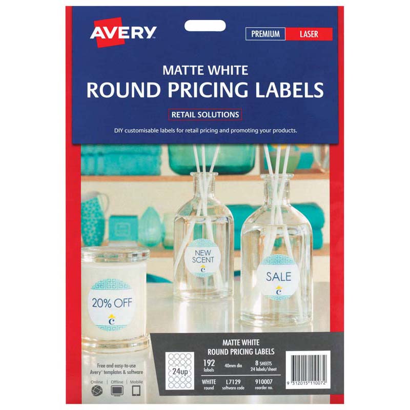 avery label l7129 round matte white 40mm 24up 8 sheets