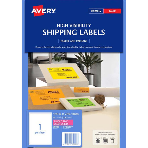 avery shipping laser labels 1 up 25 sheets 199.6x289.1mm#colour_FLUORO PINK