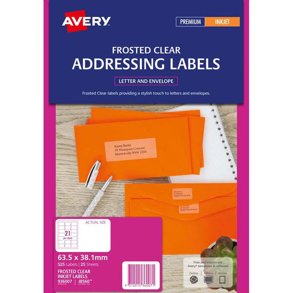 avery addressing inkjet permanent label j8560 frosted clear 21 up 25 sheets 63.5mmx38.1mm