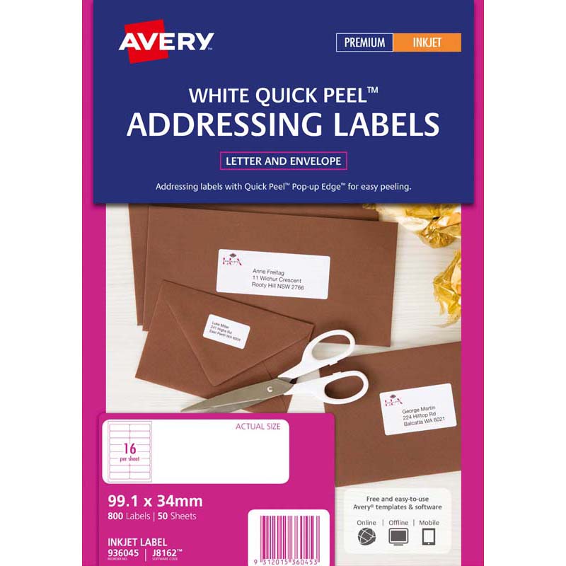 avery addressing inkjet labels j8162-50 inkjet 50 sheets