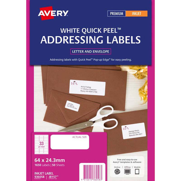 avery addressing inkjet label j8157-50 50 sheets