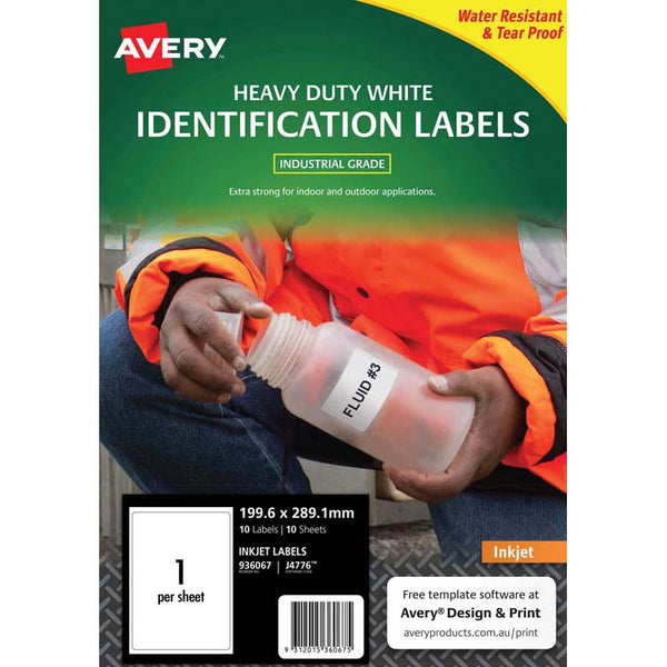 avery heavy duty id inkjet label j4776 white 1up 10 sheets 199.6x289.1mm