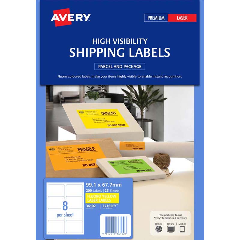 avery shipping label fluoro yellow 8 up 25 sheets 99.1x67.7mm