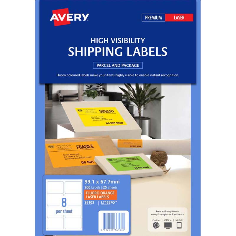 avery shipping label fluoro orange 8 up 25 sheets 99.1x67.7mm