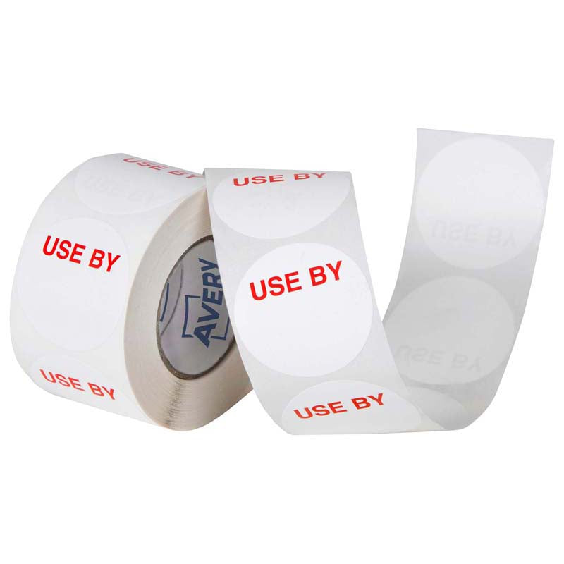 avery labels use by round 40mm white red 500 roll