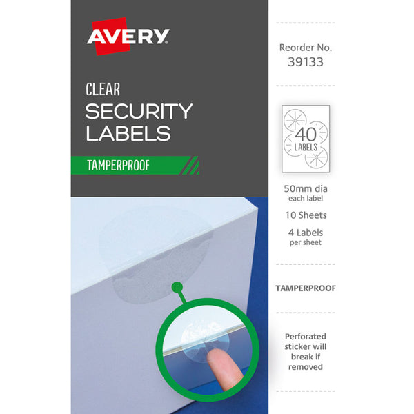 avery tamper proof label 39133 clear dot 50mm 4up 10 sheets