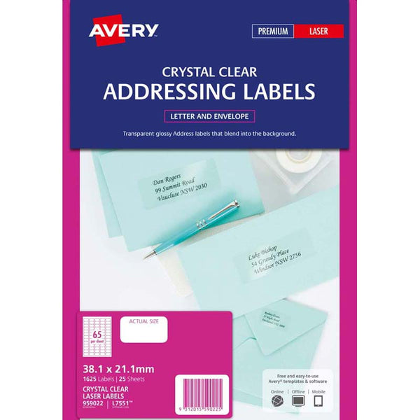 avery addressing laser labels l7551-25 clear 25 sheets