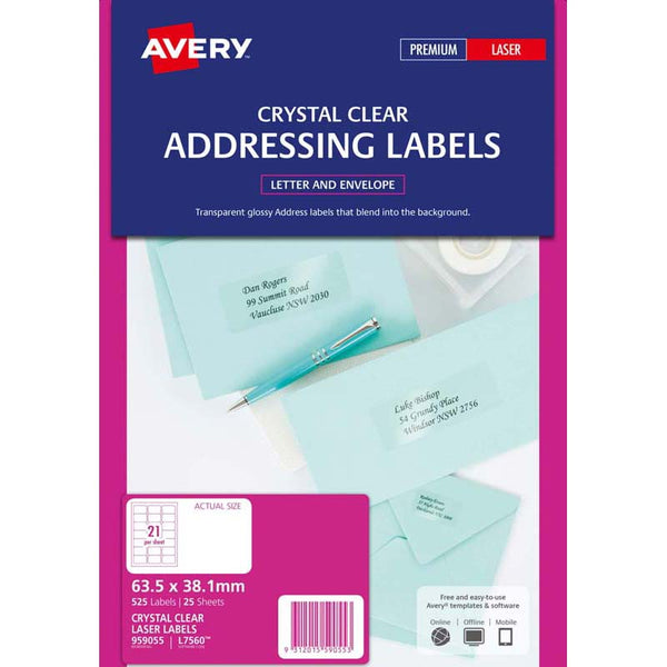 avery addressing laser labels l7560-25 clear 25 sheets