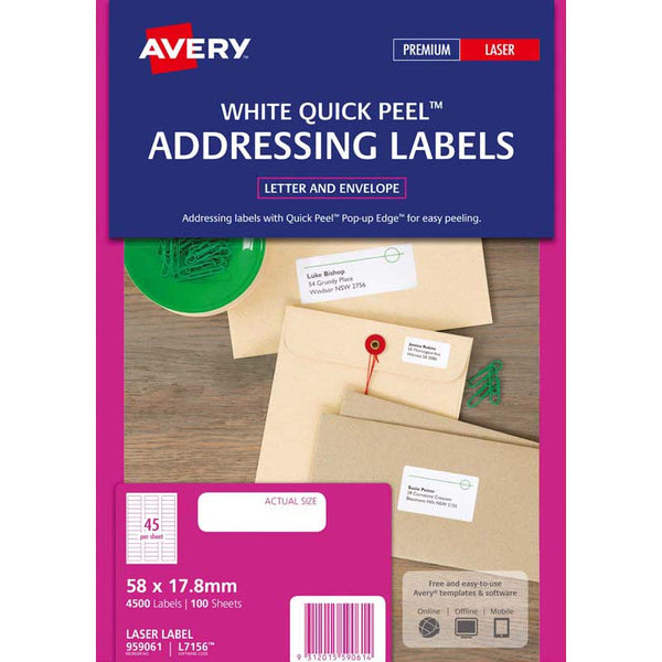 avery addressing laser label l7156-100 58x17.8mm 100 sheets