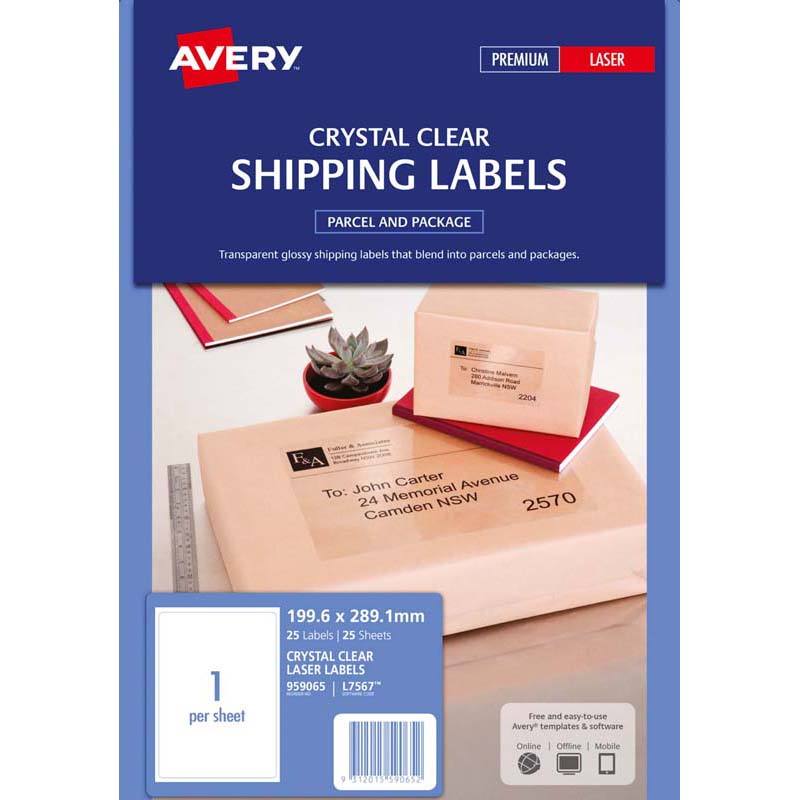 avery crystal clear shipping label l7567-25 199.6x289.1mm 25 sheets