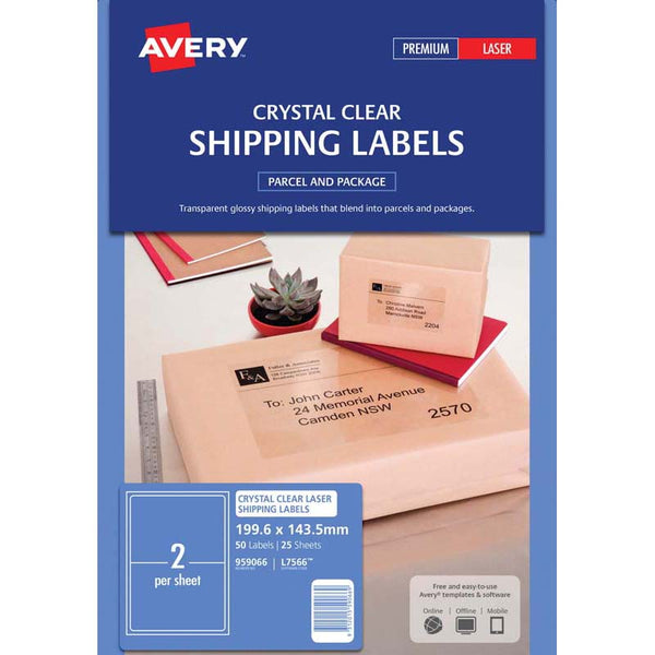 avery shipping label l7566 crystal clear 2up 199.6x143.5mm pack of 25