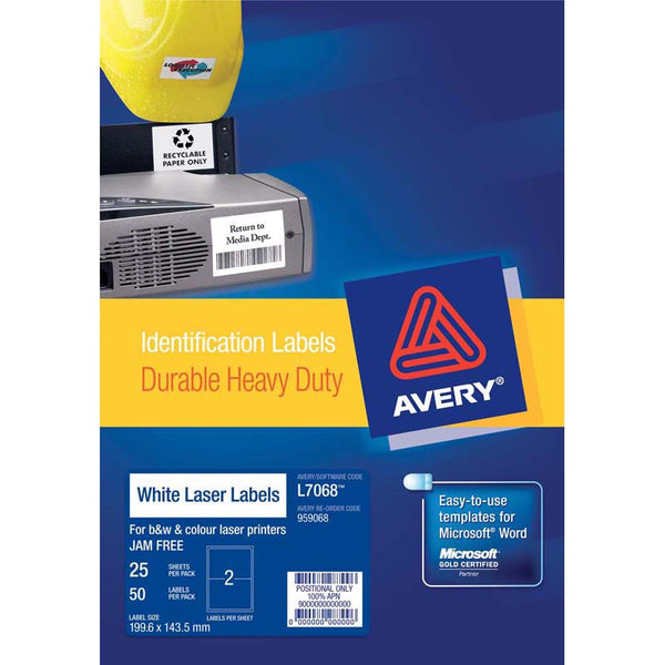 avery heavy duty id laser label l7068 white 2up 25 sheets 199.6x143.5mm
