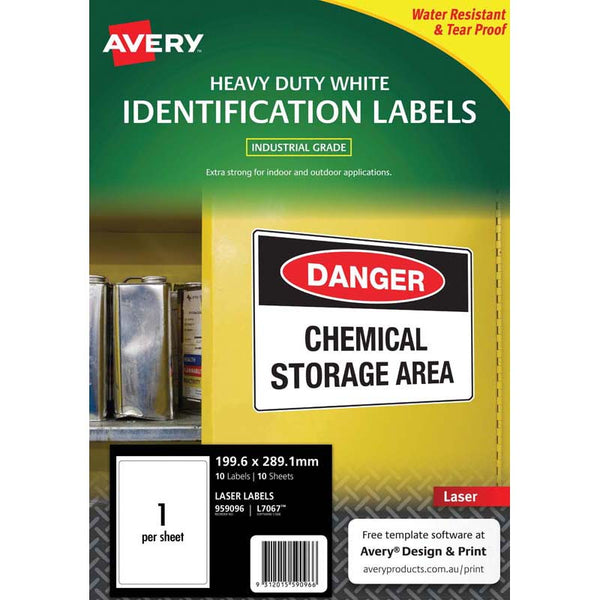avery heavy duty id laser label l7067 white 1up 10 sheets 199.6x289.1mm