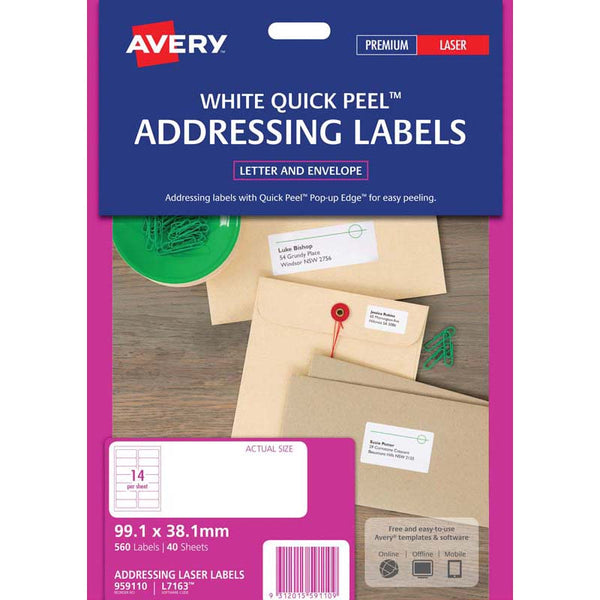 avery address labels l7163 white 14up 40 sheets laser 99.1x38.1mm quick peel pop up