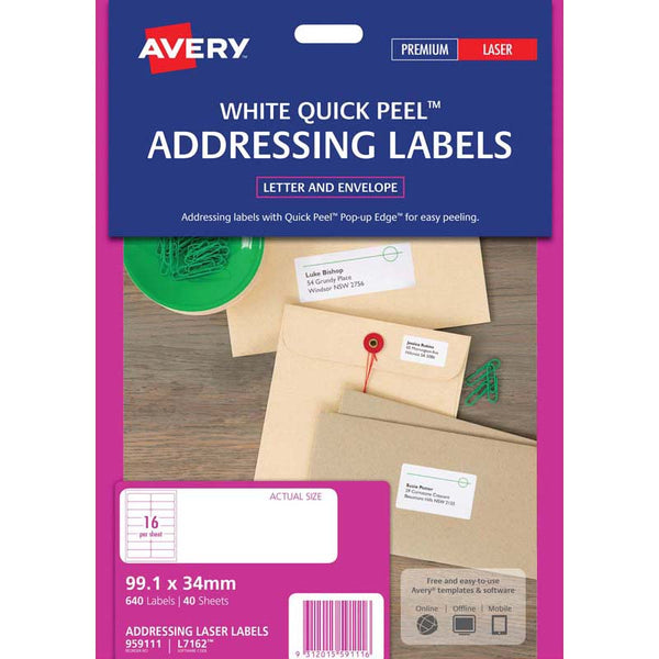 avery address labels l7162 white 16up 40 sheets laser 99.1x34mm quick peel pop up