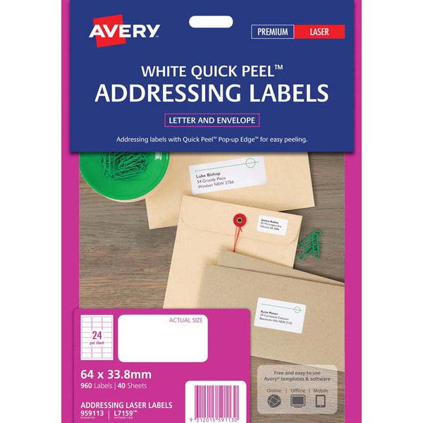 avery address labels l7159 white 24up 40 sheets laser 64x33.8 quick peel pop up