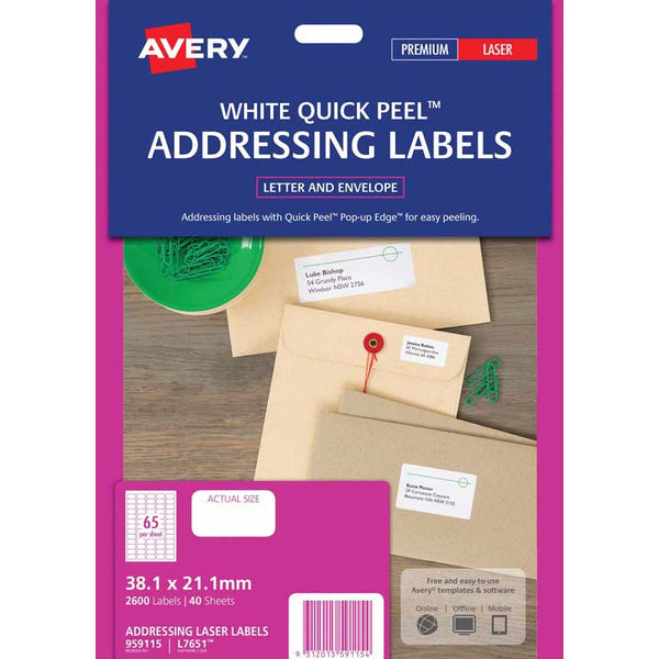 avery address labels l7651 white 65up 40 sheets laser 38.1x21.2mm quick peel pop up