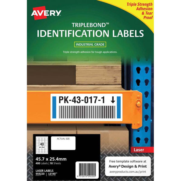 avery triplebond identifcation laser label l6140 white 40up 10 sheets 45.7x25.4mm