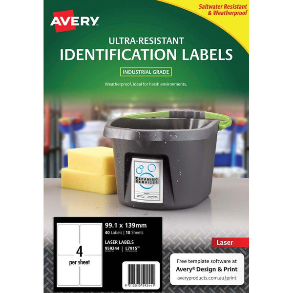 avery ultra resistant id laser label l7915 white 4up 10 sheets 99.1x139mm