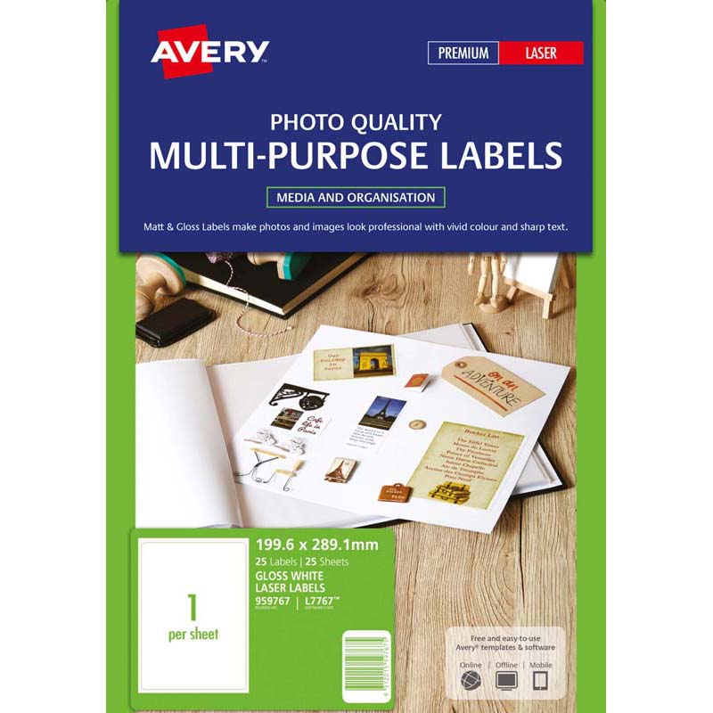 avery multi-purpose laser label l7767-25 coloured 200x289mm 25 sheets