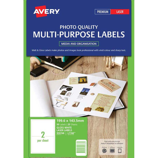 avery multi-purpose laser labels l7768-25 200x144mm 25 sheets