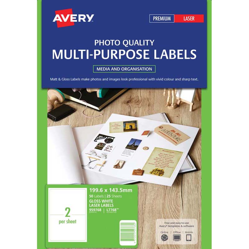 avery multi-purpose laser labels l7768-25 200x144mm 25 sheets