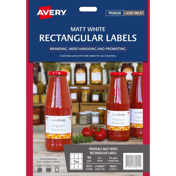 avery removable rectangular labels 10 sheets 9up white l7108rev