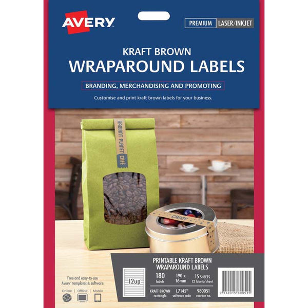 avery laser inkjet label l7145 wrapround kraft 12up 15 sheets 190x16mm