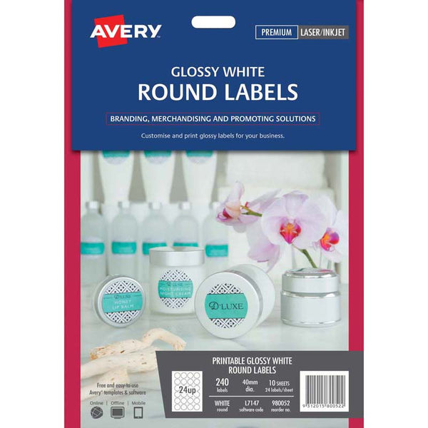 avery laser inkjet label l7147 white gloss round 24up 10 sheets 40mm