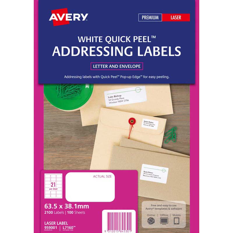 avery addressing laser labels l7160-100  pop up quick peel 63.5x38.1mm 100 sheets