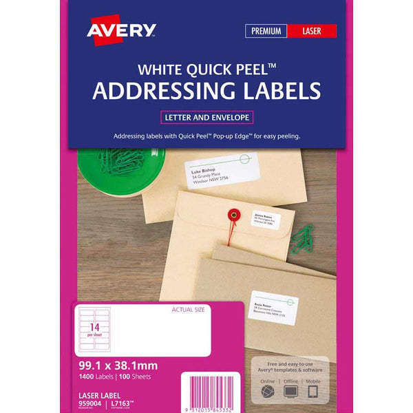 avery addressing laser labels l7163-100  pop up quick peel 99.1x38.1mm 100 sheets