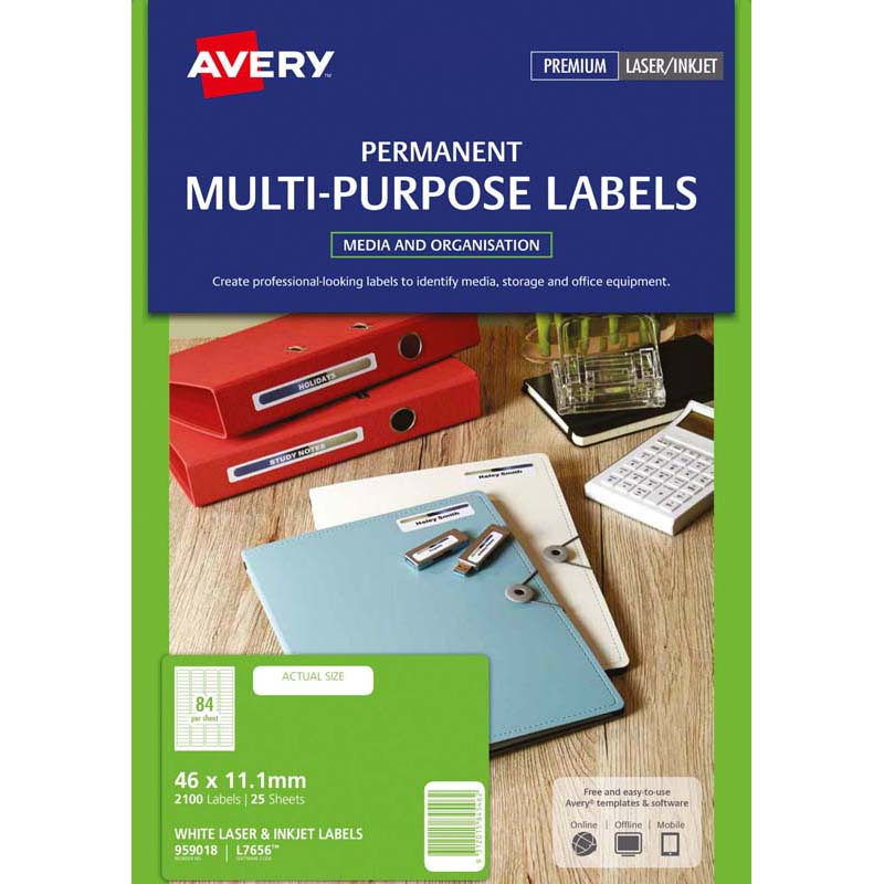 avery multi-purpose laser/inkjet labels l7656 46mm slide 25 sheets