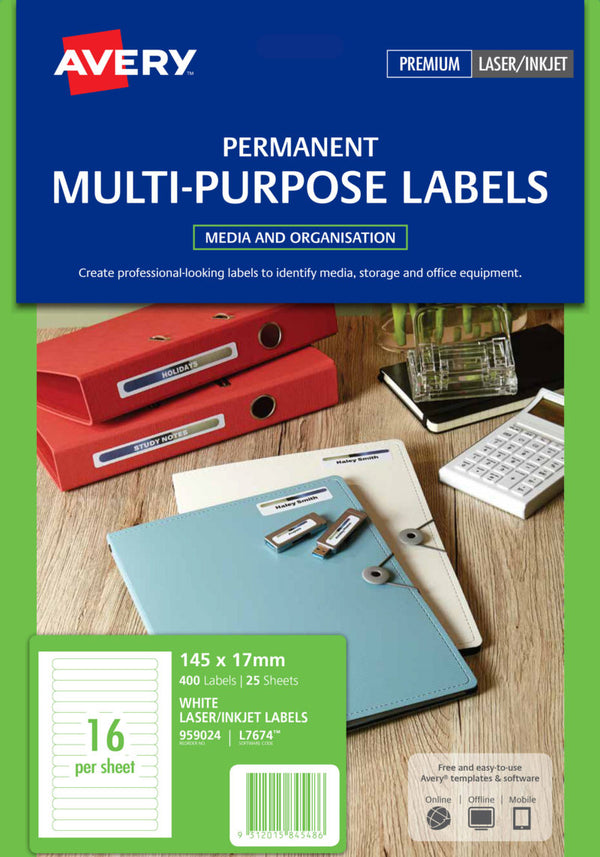 avery multi-purpose laser/inkjet labels videospine l7654 145x17mm