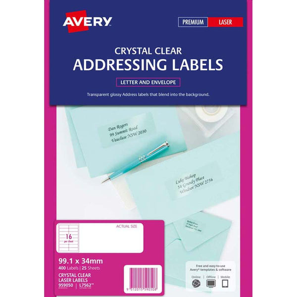 avery addressing laser labels l7562-25 clear 25 sheets