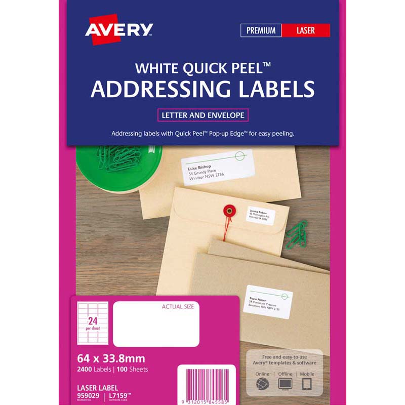 avery addressing laser labels l7159-100  pop up quick peel 64x33.8mm 100 sheets